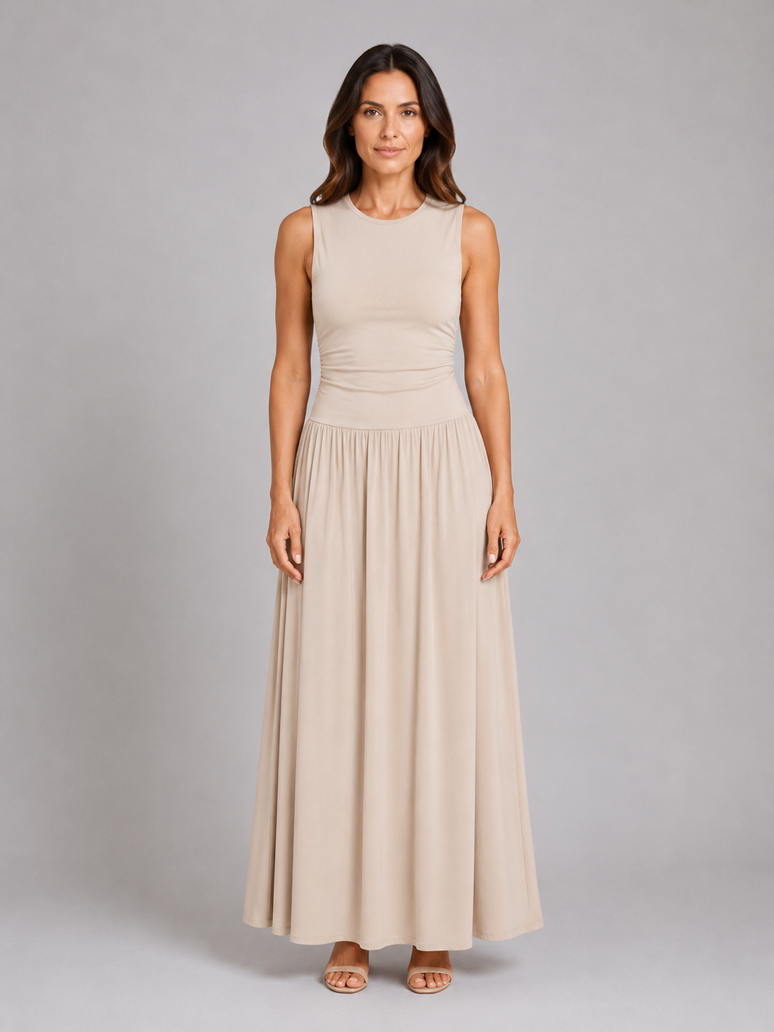 Women's Sleeveless Maxi Dress with Pockets – Ruched Waist Style