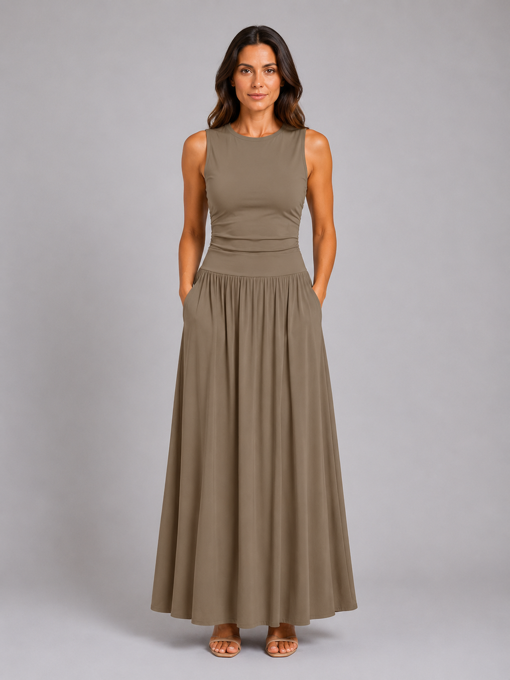 Women's Sleeveless Maxi Dress with Pockets – Ruched Waist Style