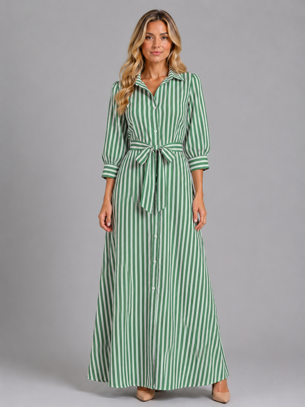 Women's Striped Belted Shirt Maxi Dress – Long Sleeve Button Front