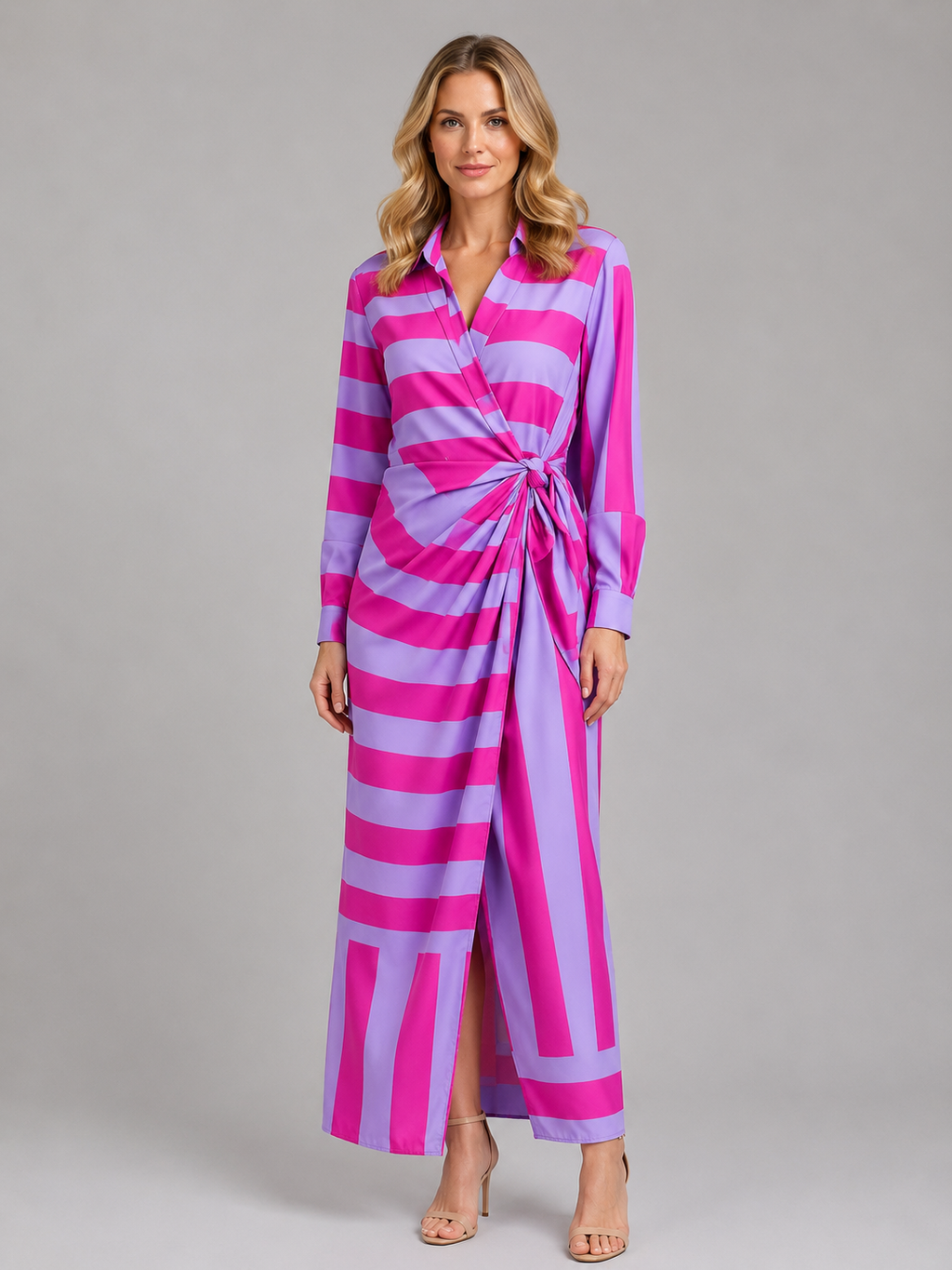 Women’s Striped Twist-Knot Midi Dress – Summer Shirt Dress