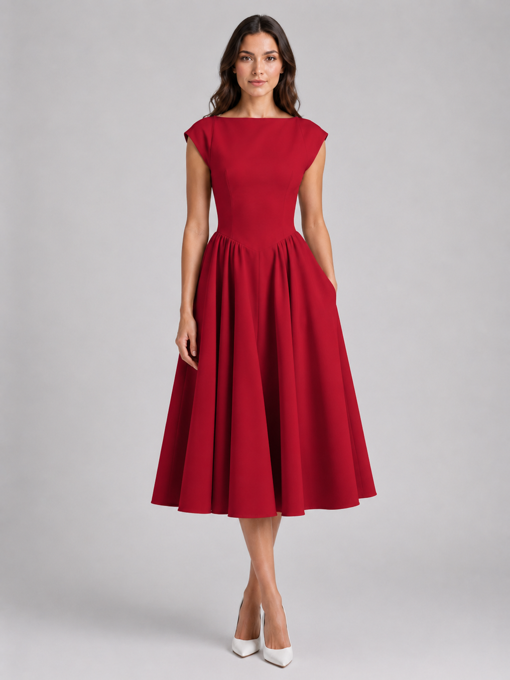 Women’s Structured Cap Sleeve Midi Dress – Elegant Occasion Style