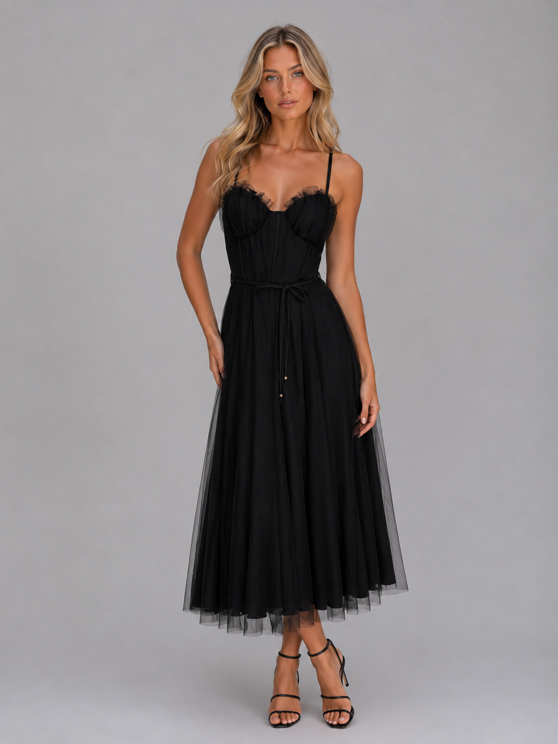 Women's Tulle Corset Midi Dress – Tie Waist & Sculpted Silhouette