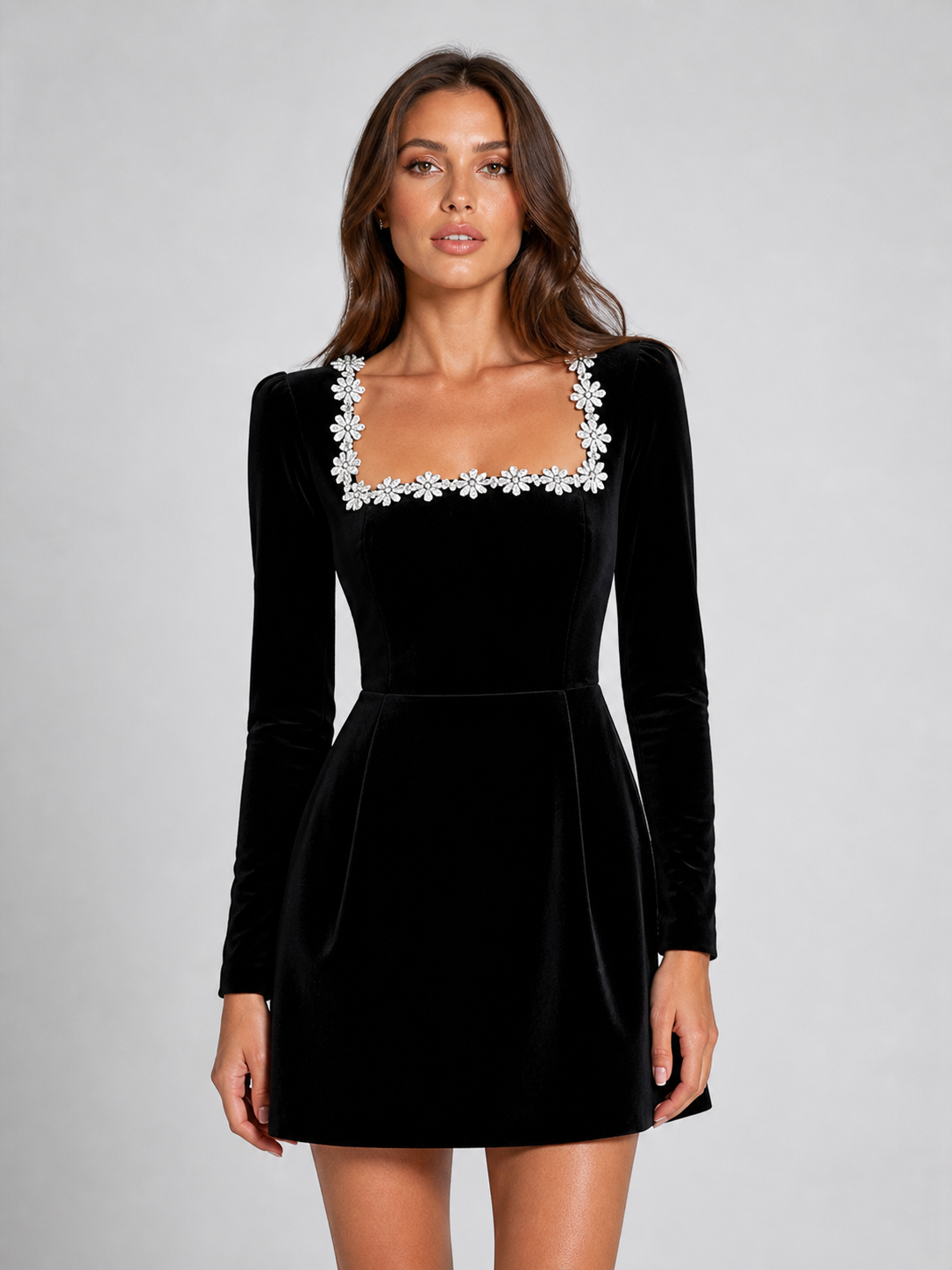 Women’s Velvet Crystal Neckline Mini Dress – Elegant Evening Silhouette
